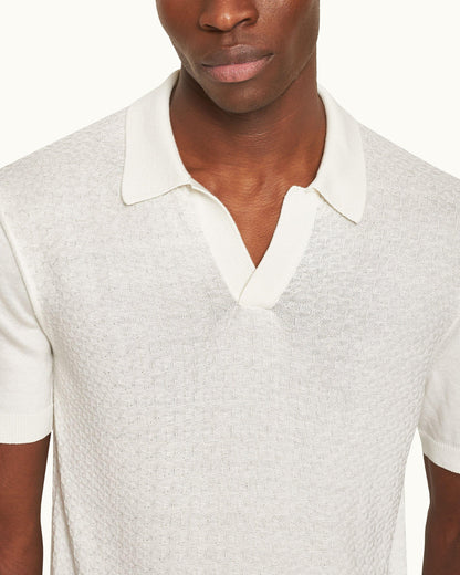 Horton Pique - White Sand Tailored Fit Silk-Cotton Polo Shirt Detail