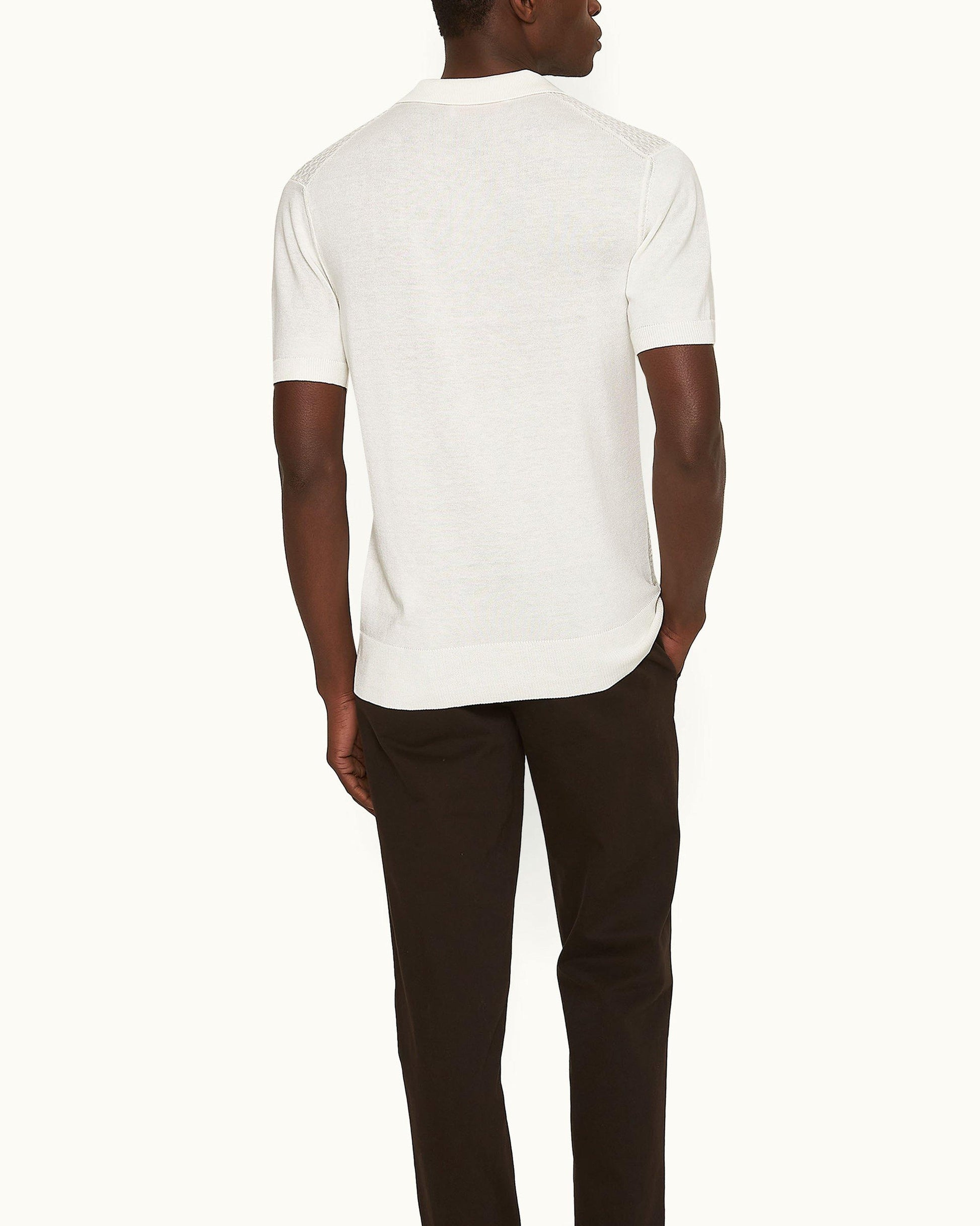 Horton Pique - White Sand Tailored Fit Silk-Cotton Polo Shirt Model Back