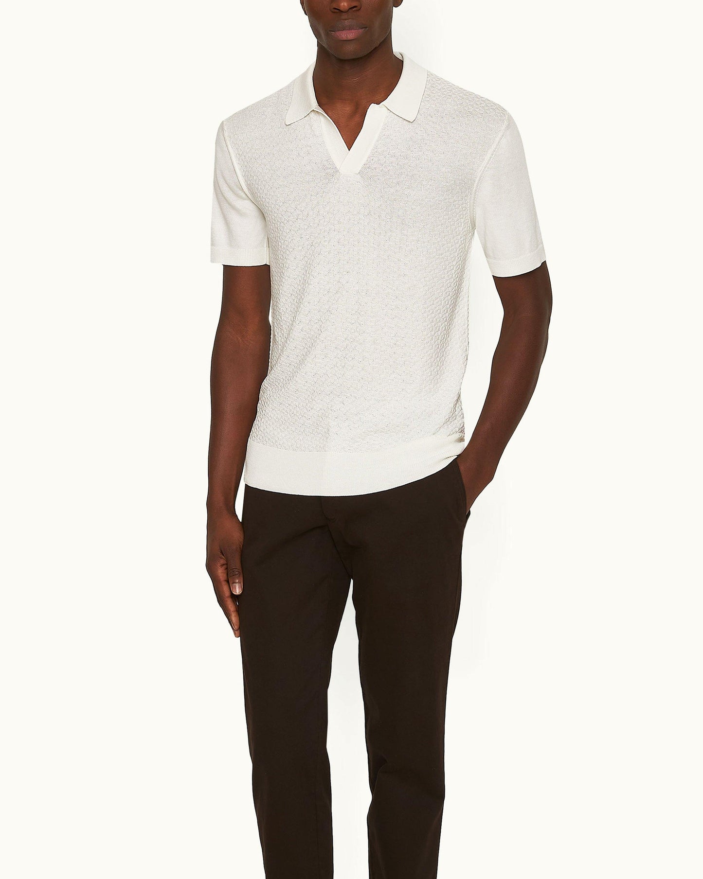 Horton Pique - White Sand Tailored Fit Silk-Cotton Polo Shirt Model Front