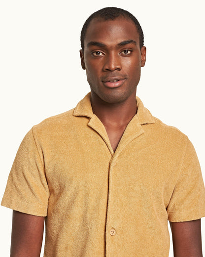 Howell Towelling - Mens Relaxed Fit Capri Collar Cotton Towelling Shirt In Biscuit Colour Detail View