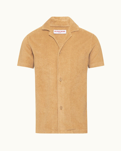 Howell Towelling - Mens Relaxed Fit Capri Collar Cotton Towelling Shirt In Biscuit Colour Front View