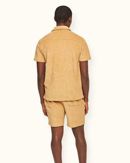 Howell Towelling - Mens Relaxed Fit Capri Collar Cotton Towelling Shirt In Biscuit Colour Back Model View