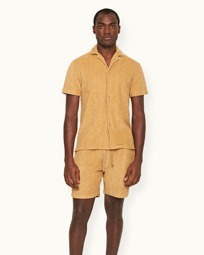 Howell Towelling - Mens Relaxed Fit Capri Collar Cotton Towelling Shirt In Biscuit Colour Front Model View