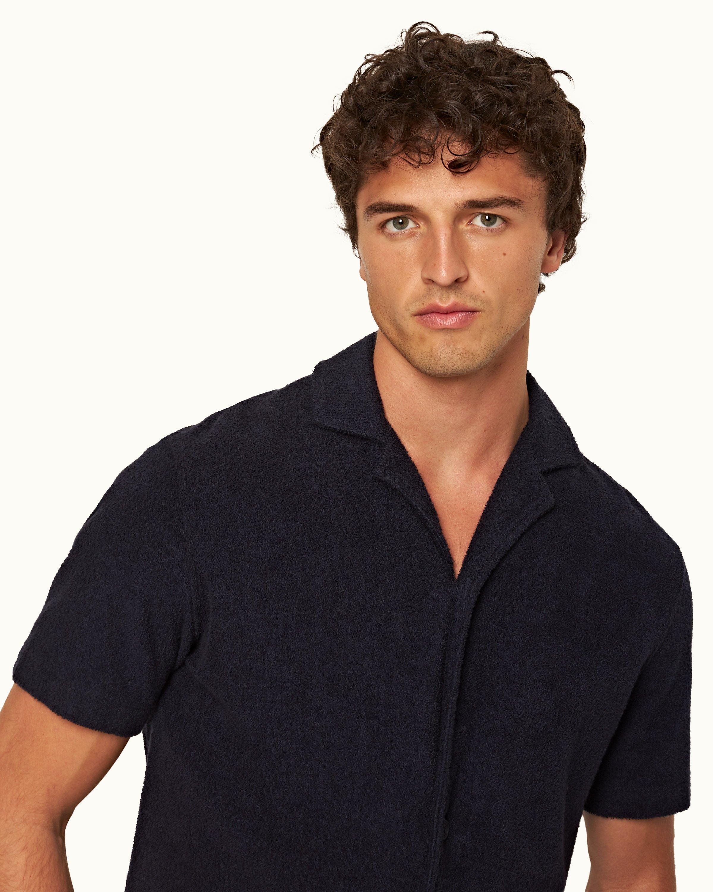 Howell Towelling - Mens Night Iris Relaxed Fit Capri Collar Short-Sleeve Cotton Shirt Detail View