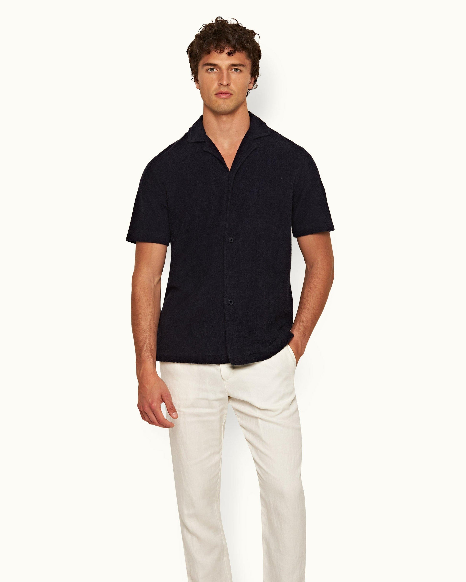 Howell Towelling - Mens Night Iris Relaxed Fit Capri Collar Short-Sleeve Cotton Shirt Front Model View