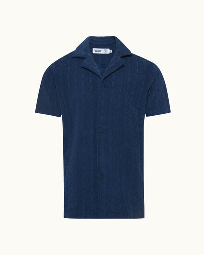 Navy blue shirt with collar on a white background