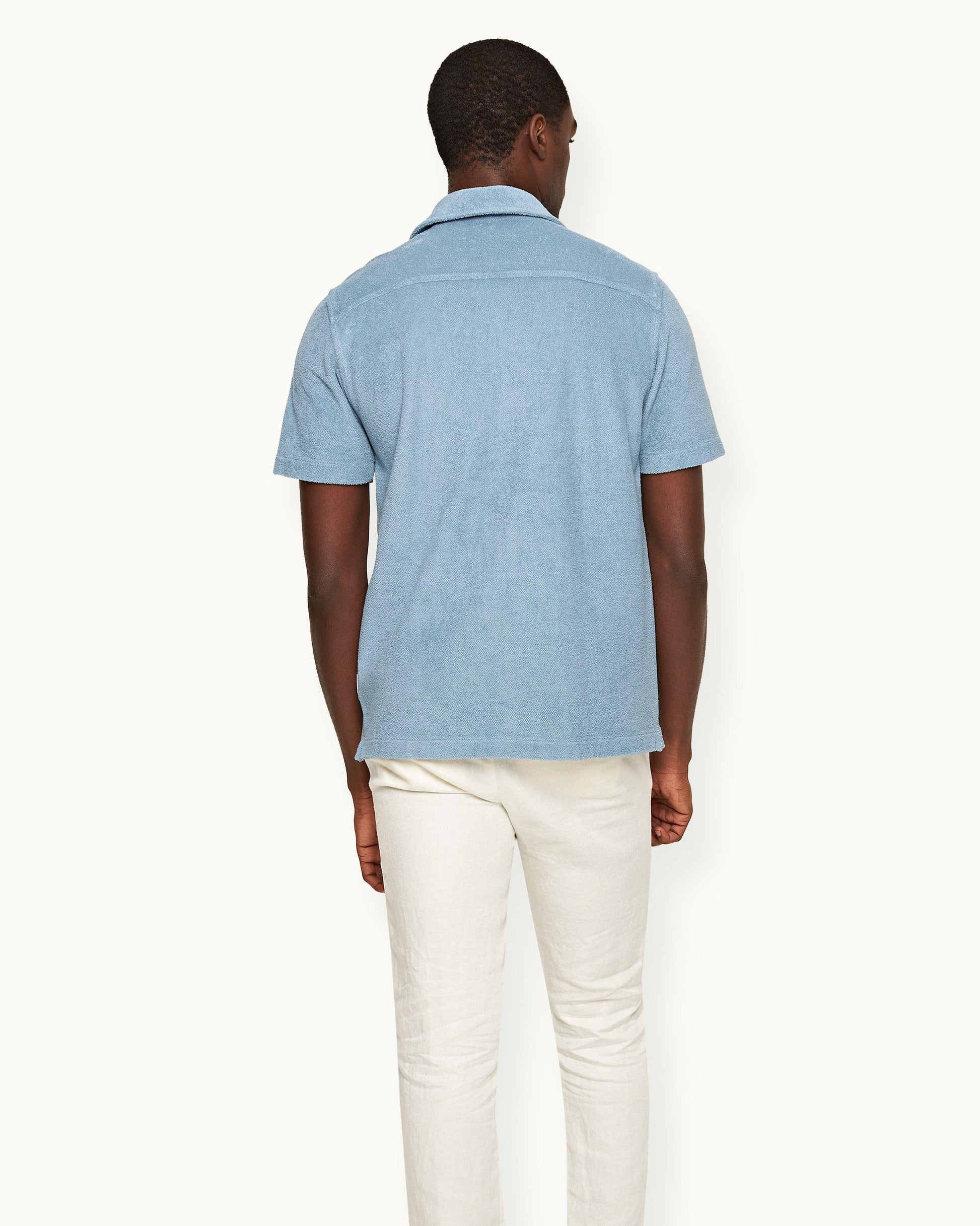 Howell Towelling - Relaxed Fit Capri Collar Cotton Towelling Shirt In Wish Blue Model Back