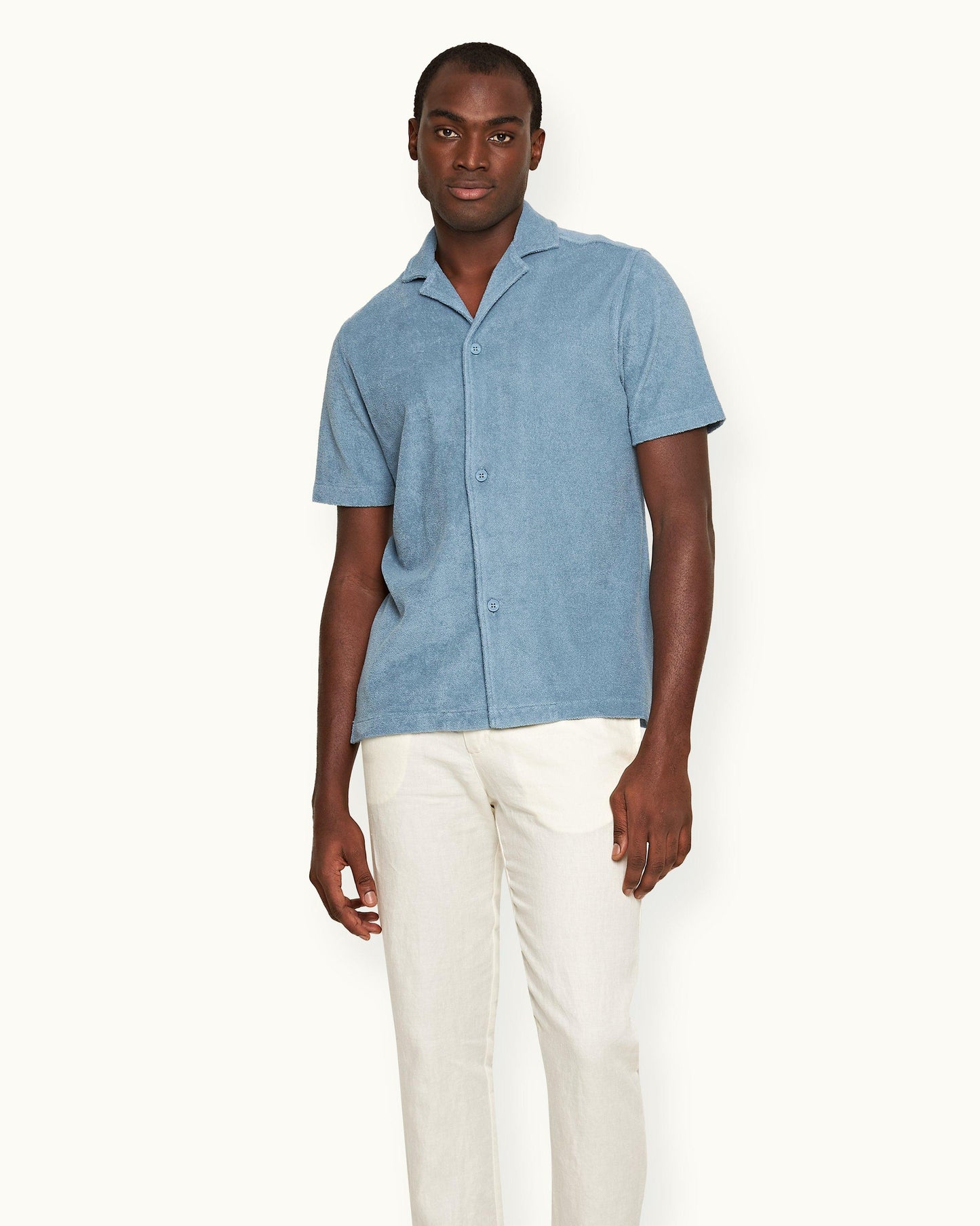 Howell Towelling - Relaxed Fit Capri Collar Cotton Towelling Shirt In Wish Blue Model Front