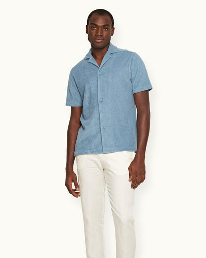 Howell Towelling - Relaxed Fit Capri Collar Cotton Towelling Shirt In Wish Blue Model Front