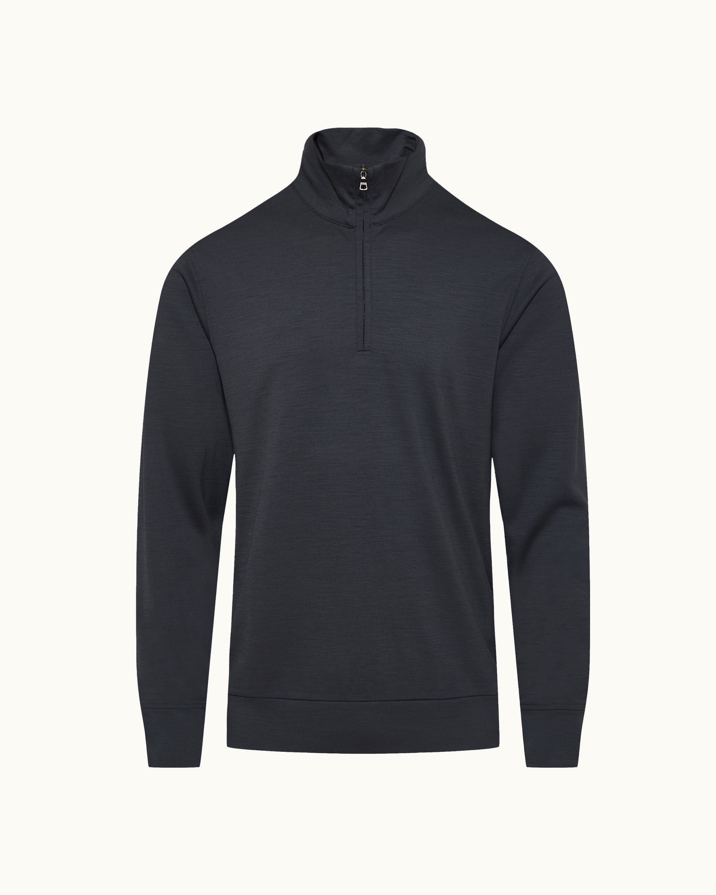 A dark charcoal gray quarter-zip pullover sweater with a mock neck collar, displayed on a clean off-white background.