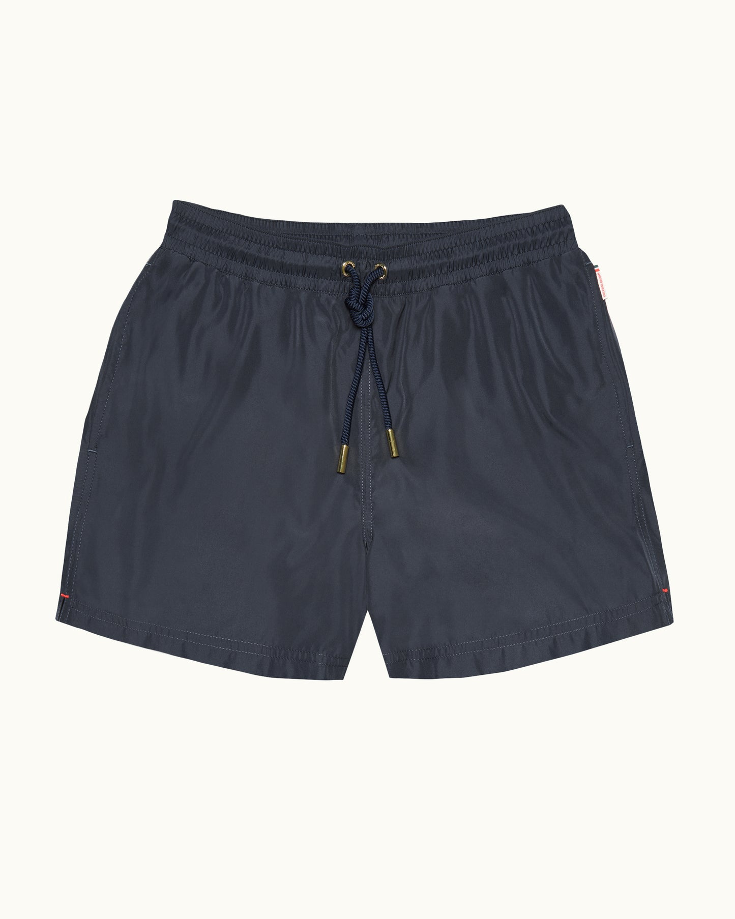 Navy blue shorts with drawstring on a white background