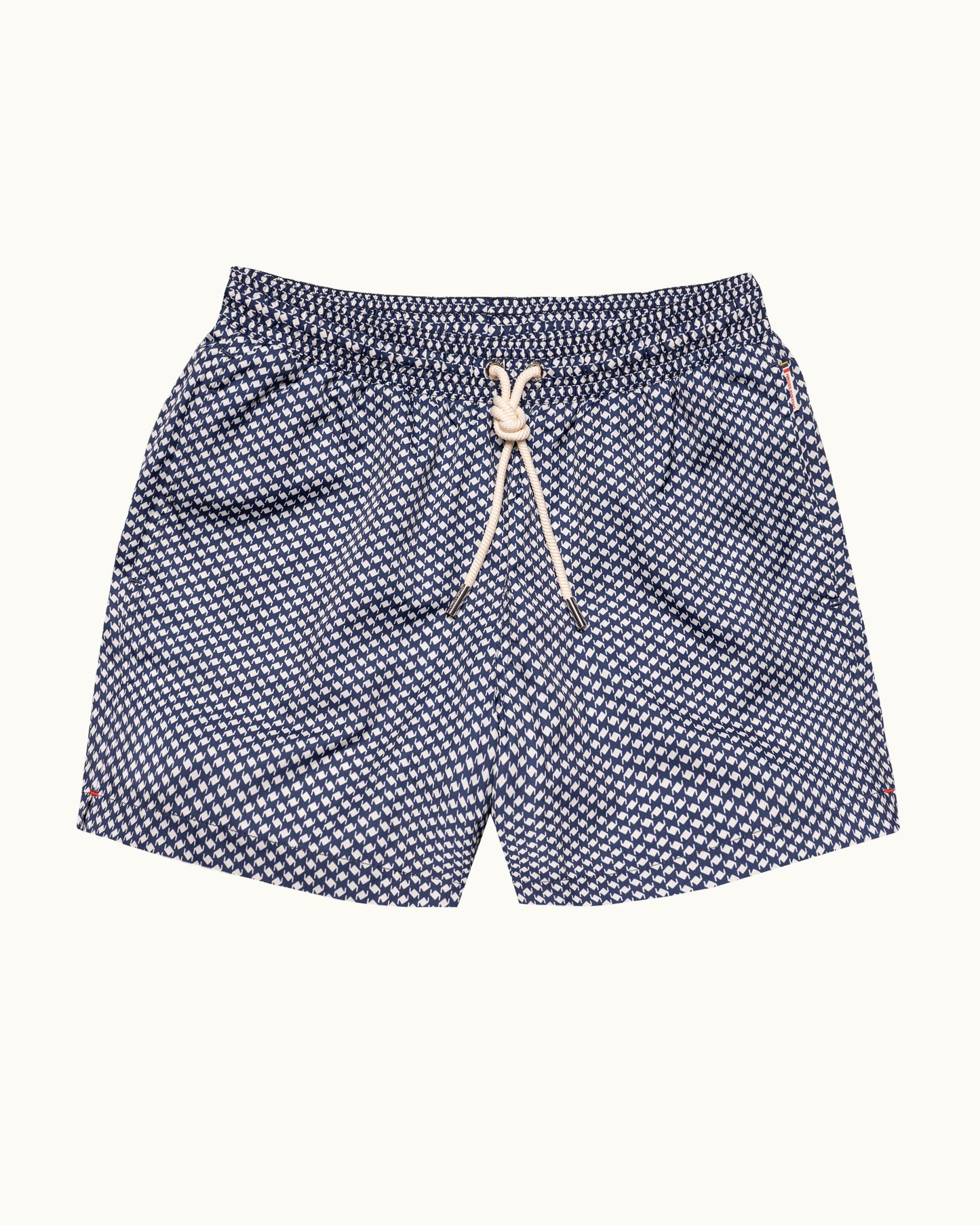 Navy checkered shorts with a drawstring on a white background