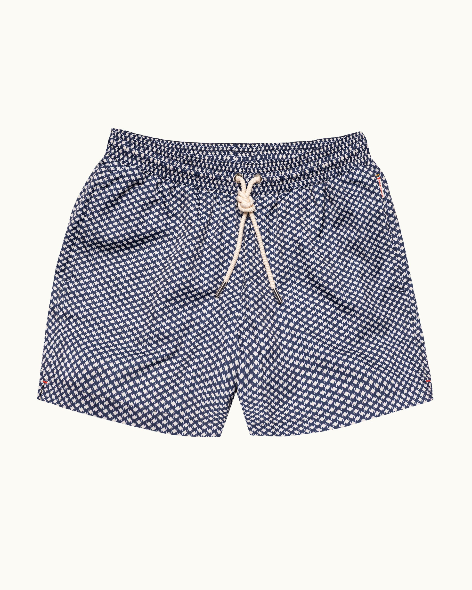 Navy checkered shorts with a drawstring on a white background