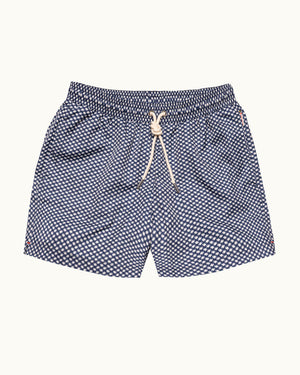 Navy checkered shorts with a drawstring on a white background