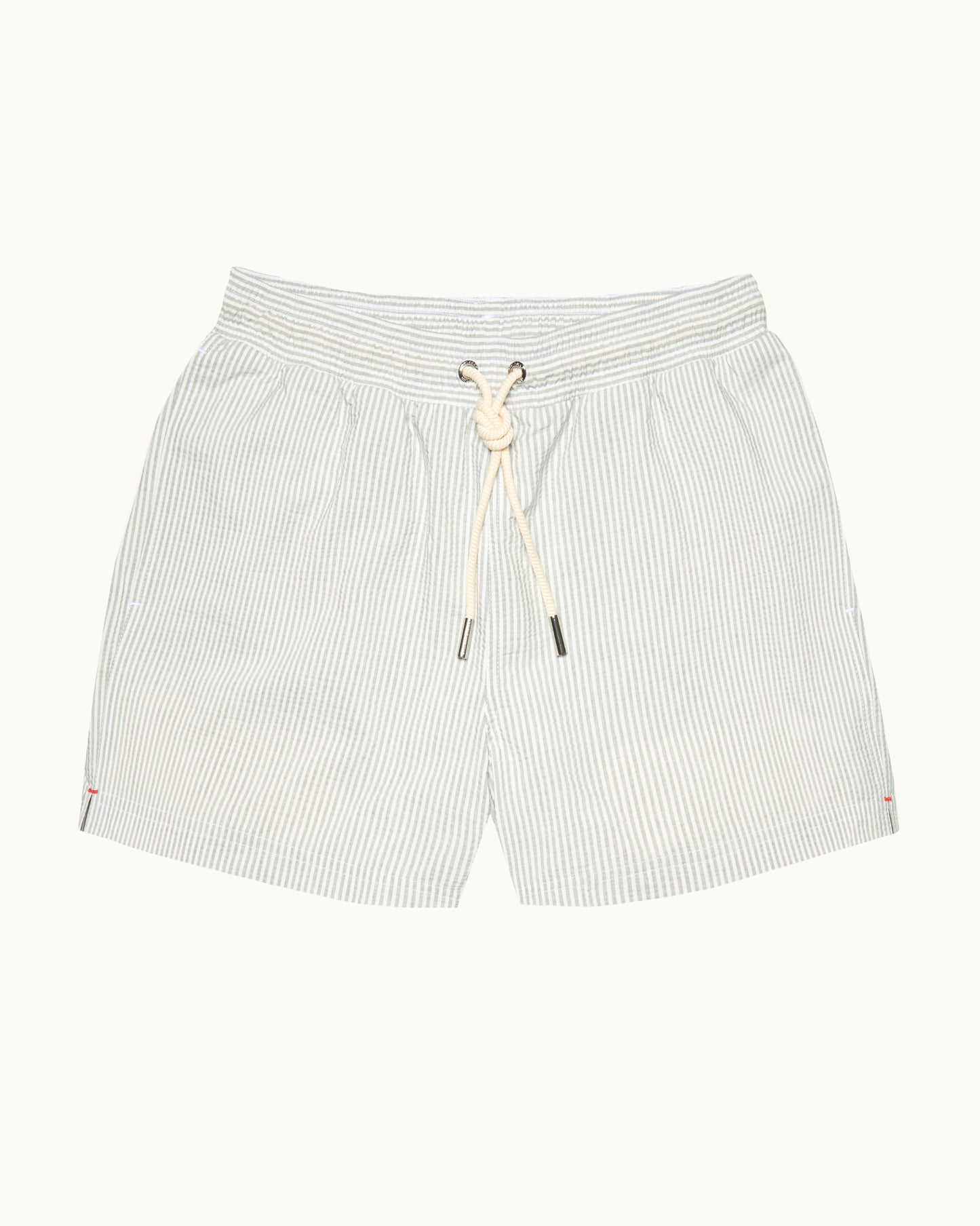 Grey striped swim short with drawstring waist on a white background