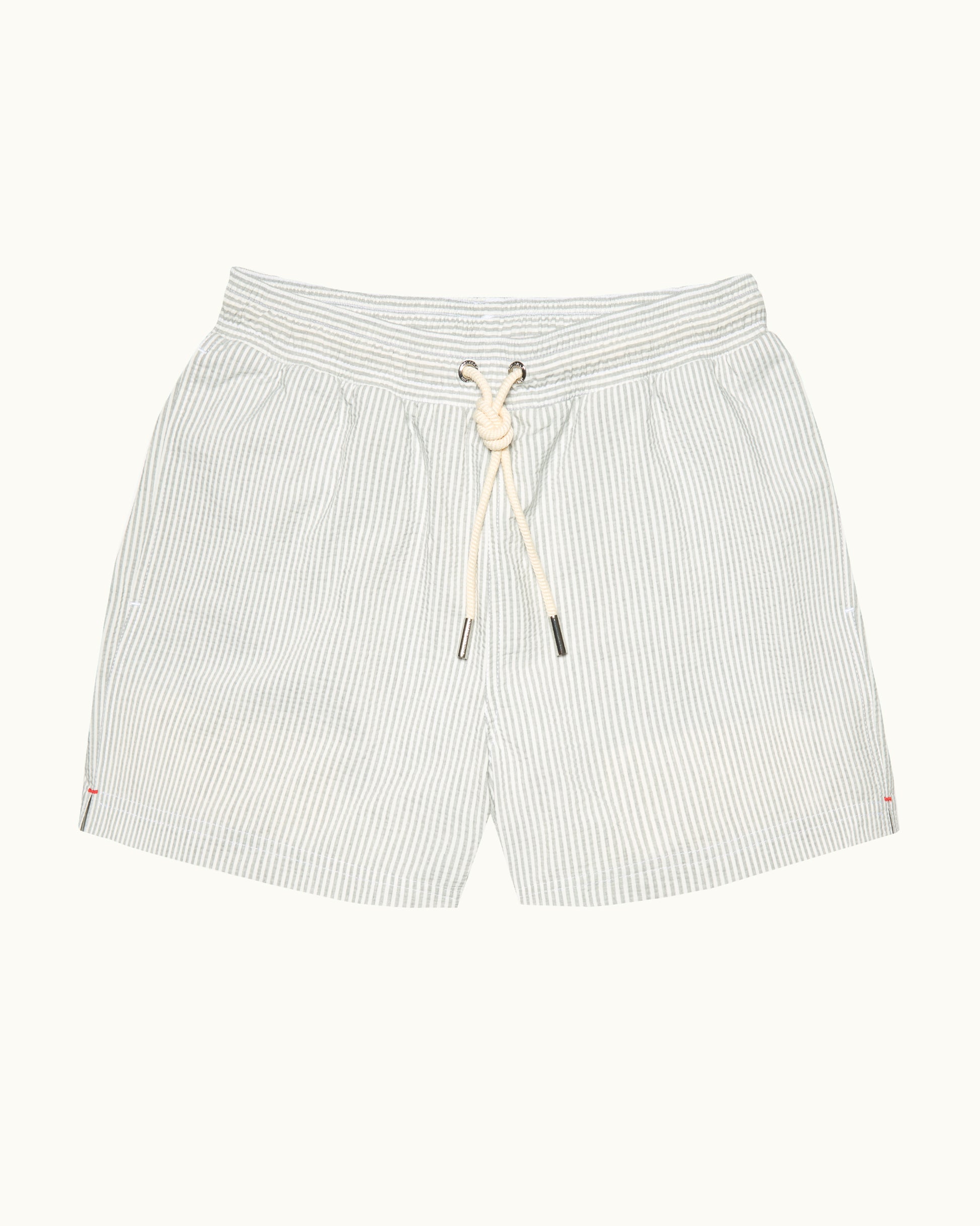 Grey striped swim short with drawstring waist on a white background
