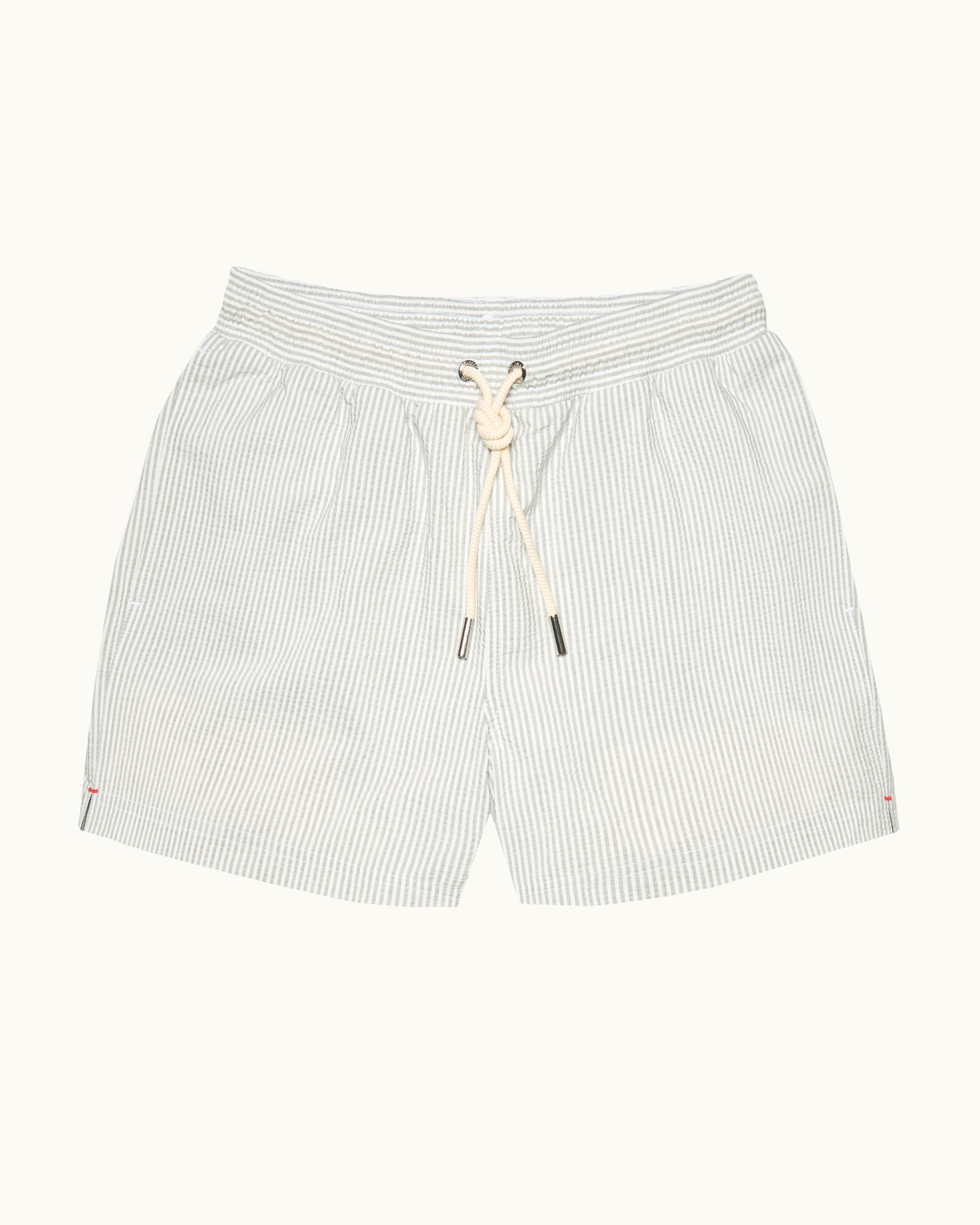 Grey striped swim short with drawstring waist on a white background