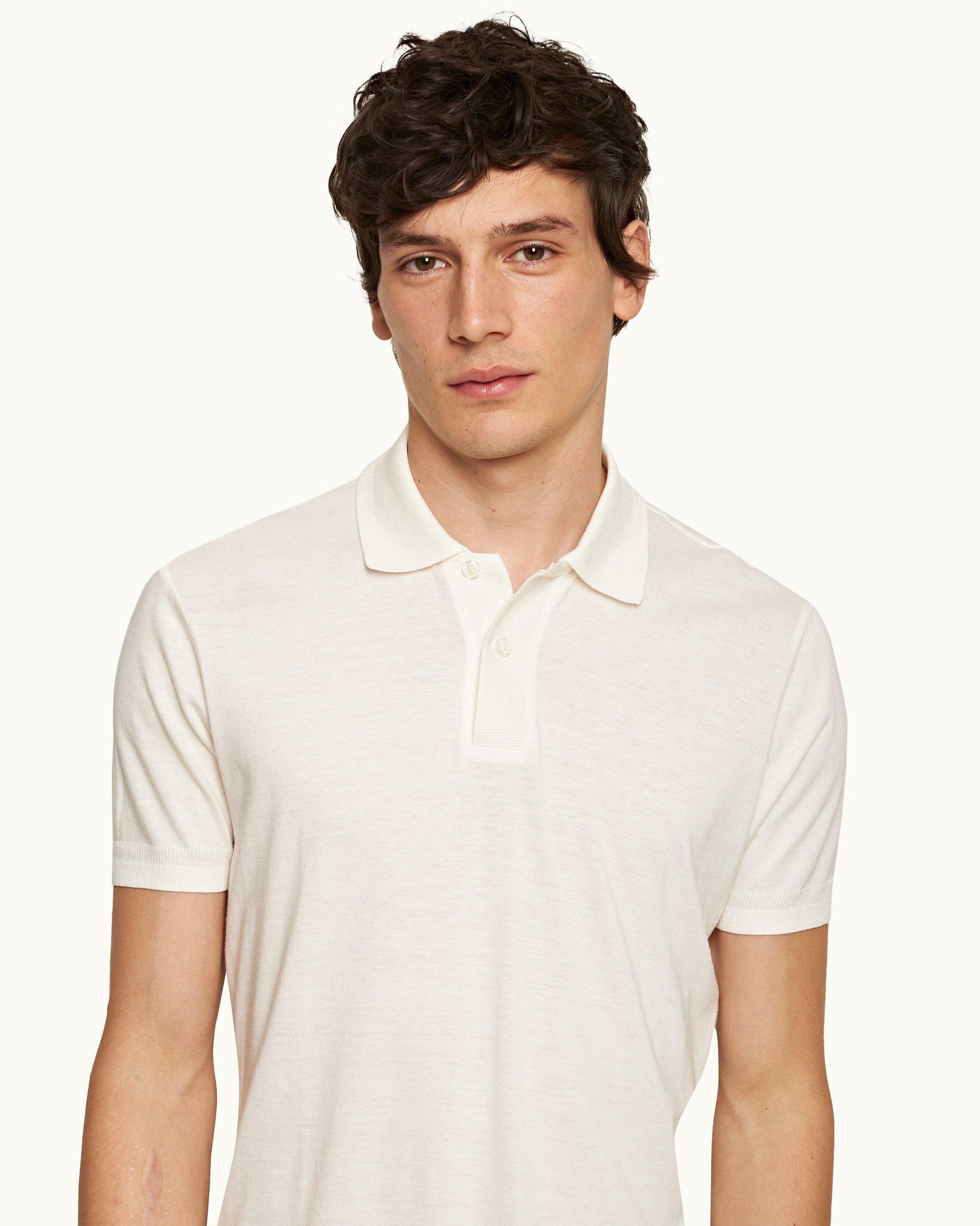 Jarrett Knitted - Mens Classic Fit Knitted Rib Cotton-Modal Polo Shirt In White Sand Detail View