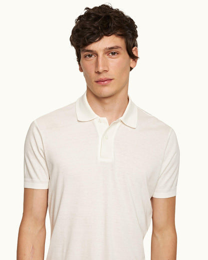 Jarrett Knitted - Mens Classic Fit Knitted Rib Cotton-Modal Polo Shirt In White Sand Detail View