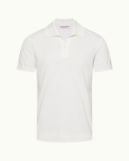 Jarrett Knitted - Mens Classic Fit Knitted Rib Cotton-Modal Polo Shirt In White Sand Front View