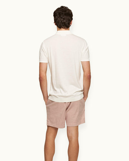 Jarrett Knitted - Mens Classic Fit Knitted Rib Cotton-Modal Polo Shirt In White Sand Back Model View