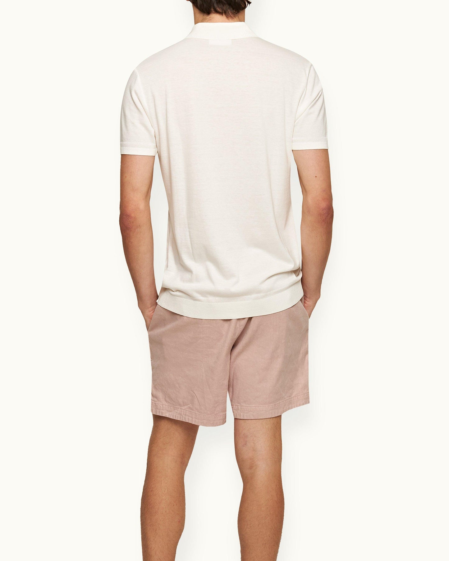 Jarrett Knitted - Mens Classic Fit Knitted Rib Cotton-Modal Polo Shirt In White Sand Back Model View