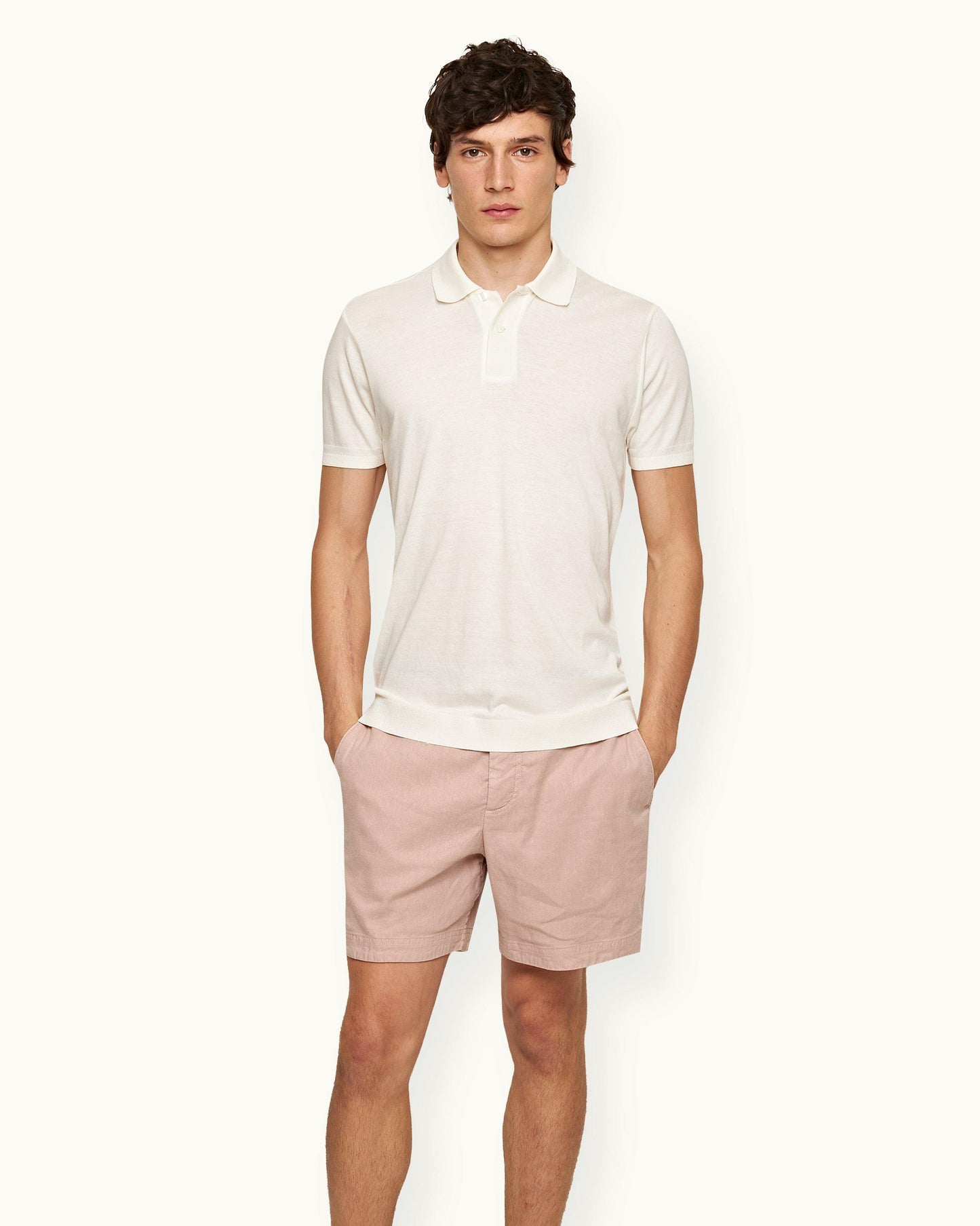 Jarrett Knitted - Mens Classic Fit Knitted Rib Cotton-Modal Polo Shirt In White Sand Front Model View