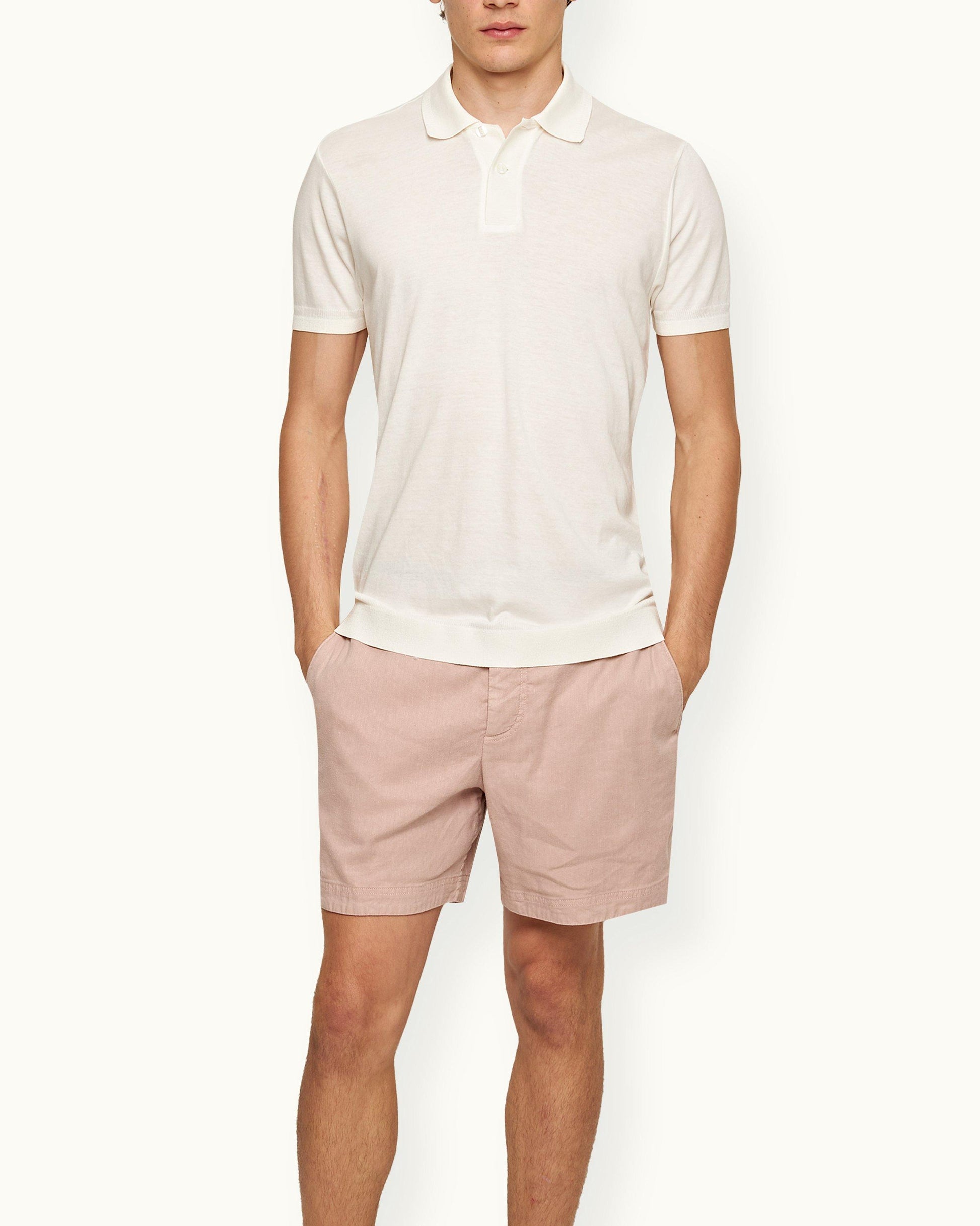 Jarrett Knitted - Mens Classic Fit Knitted Rib Cotton-Modal Polo Shirt In White Sand Front Model View