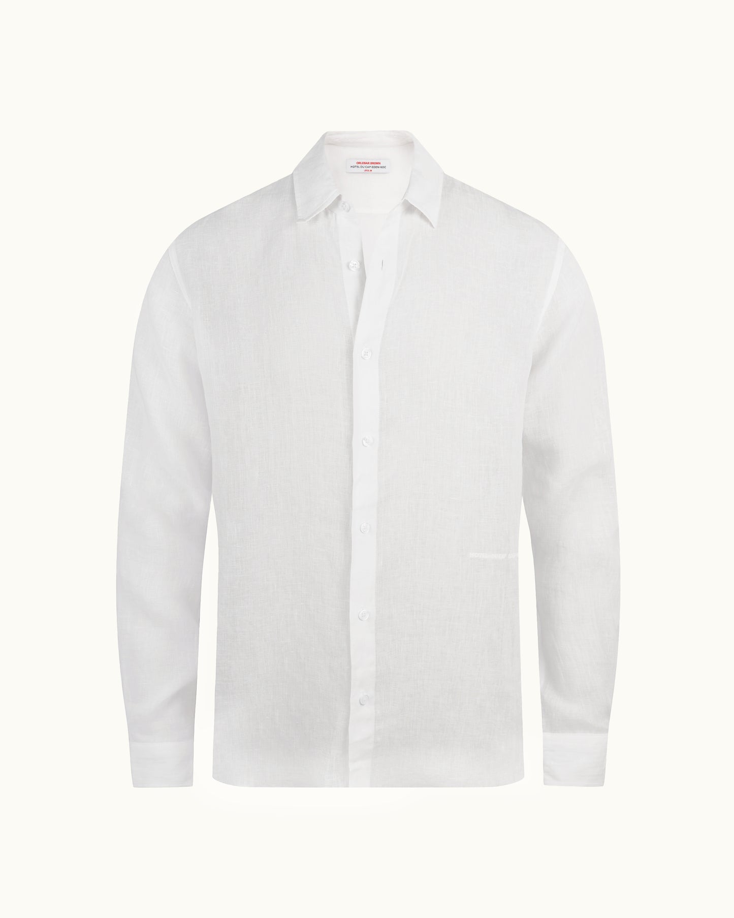 A white long-sleeve linen button-down shirt with a classic collar, displayed on a clean, solid off-white background.