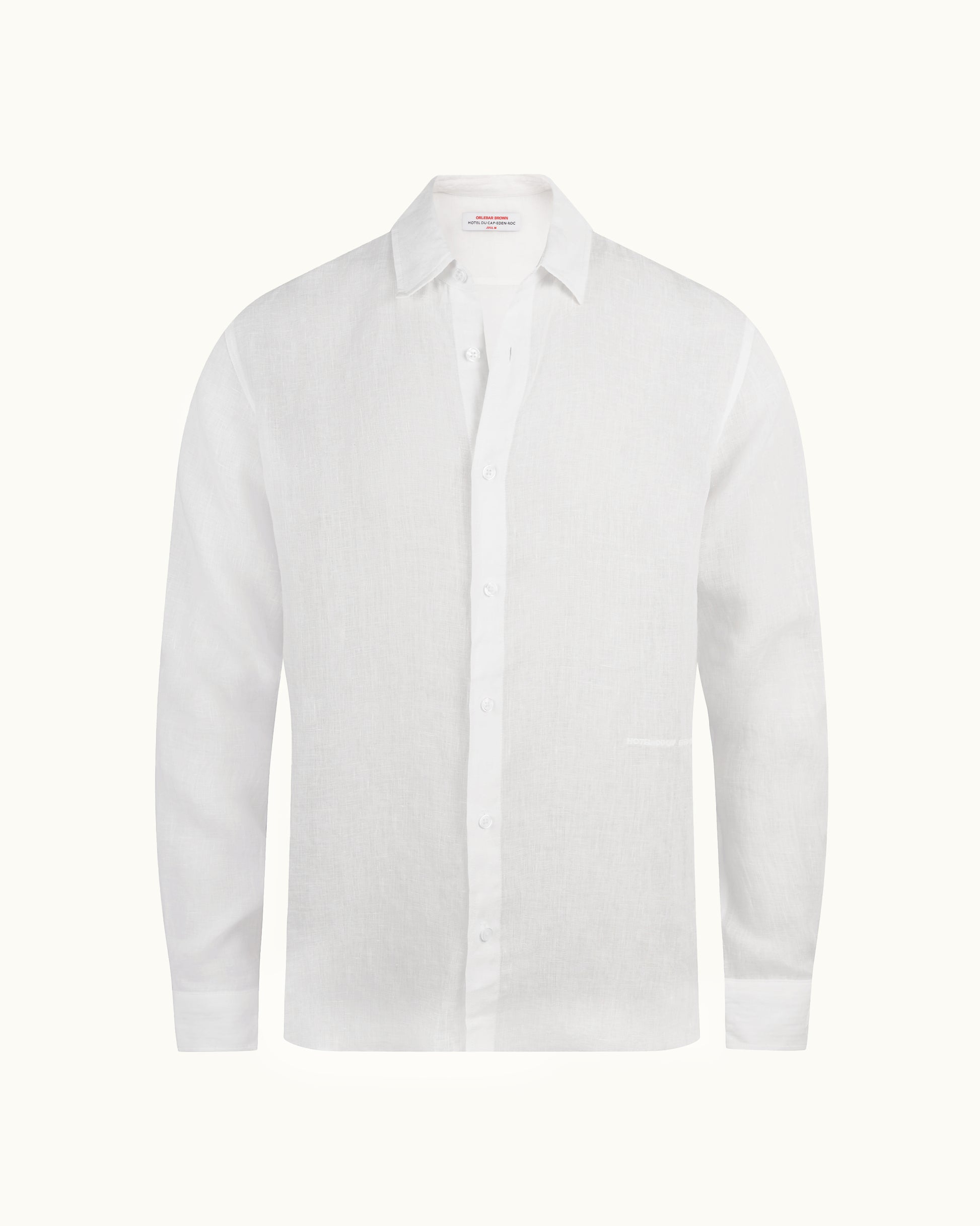 A white long-sleeve linen button-down shirt with a classic collar, displayed on a clean, solid off-white background.