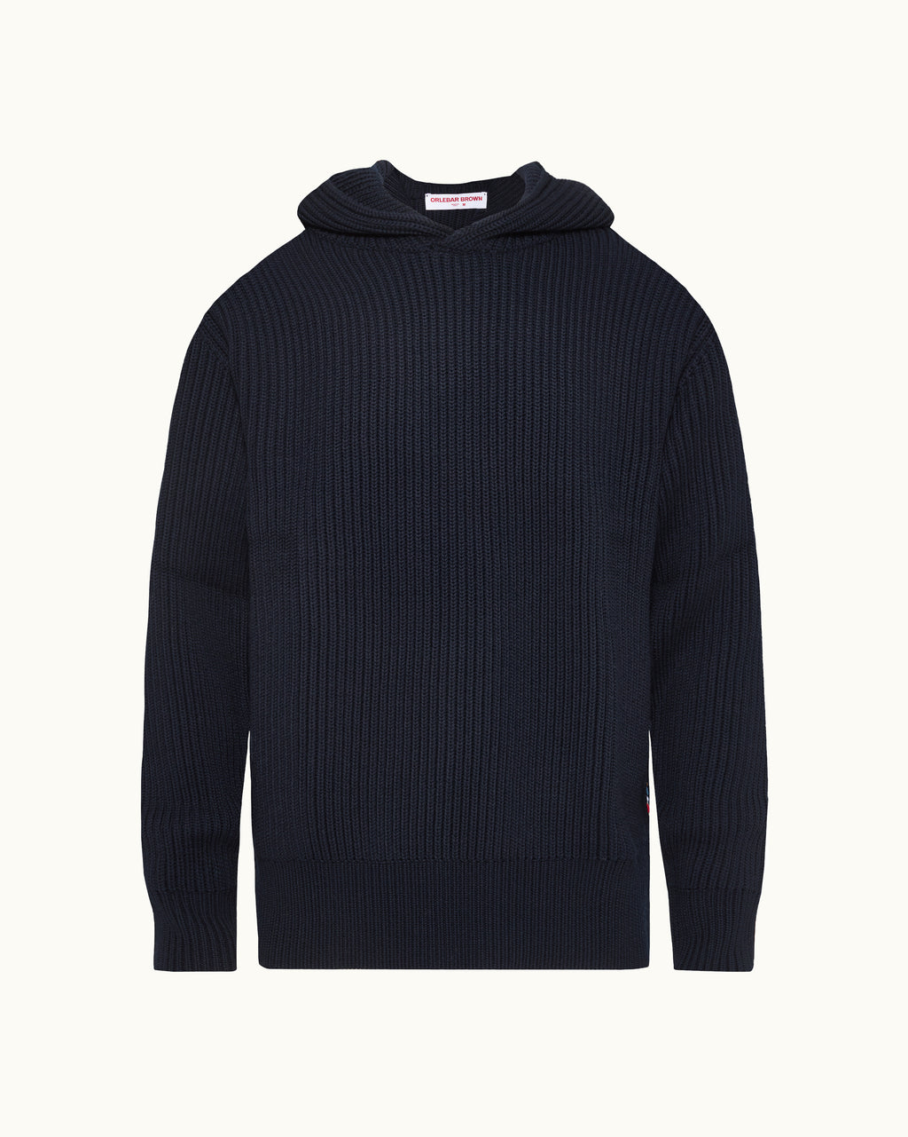 A dark navy blue ribbed knit hooded sweater displayed on a clean, off-white background.
