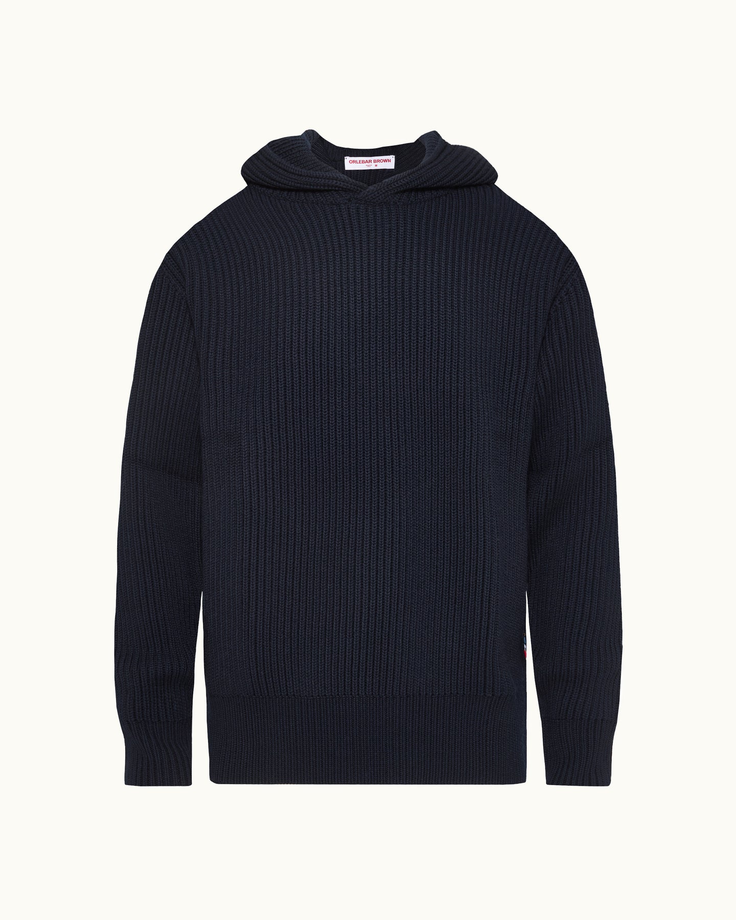 A dark navy blue ribbed knit hooded sweater displayed on a clean, off-white background.