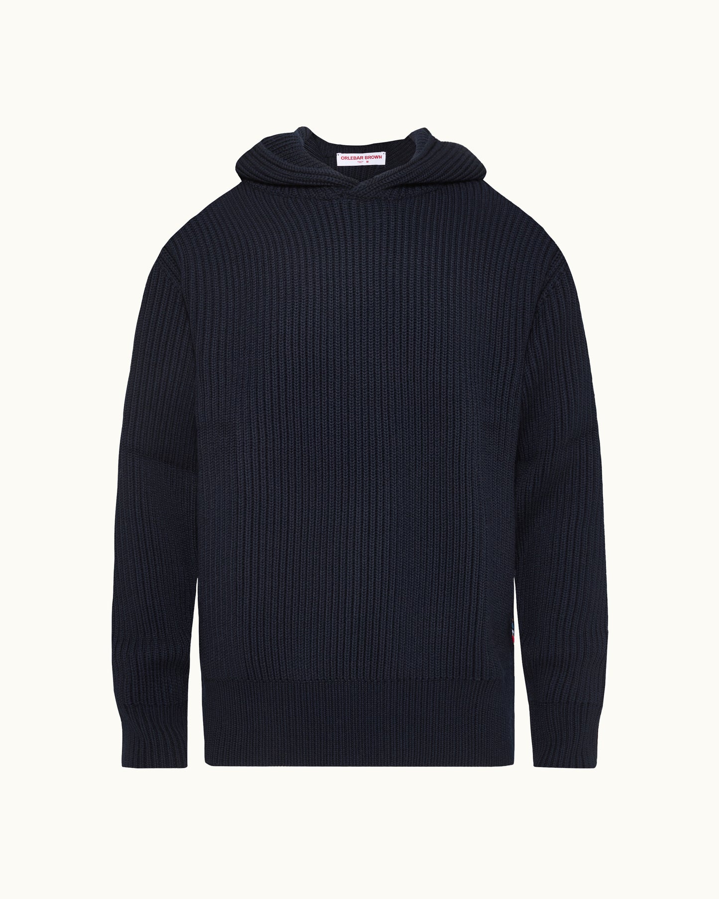 A dark navy blue ribbed knit hooded sweater displayed on a clean, off-white background.