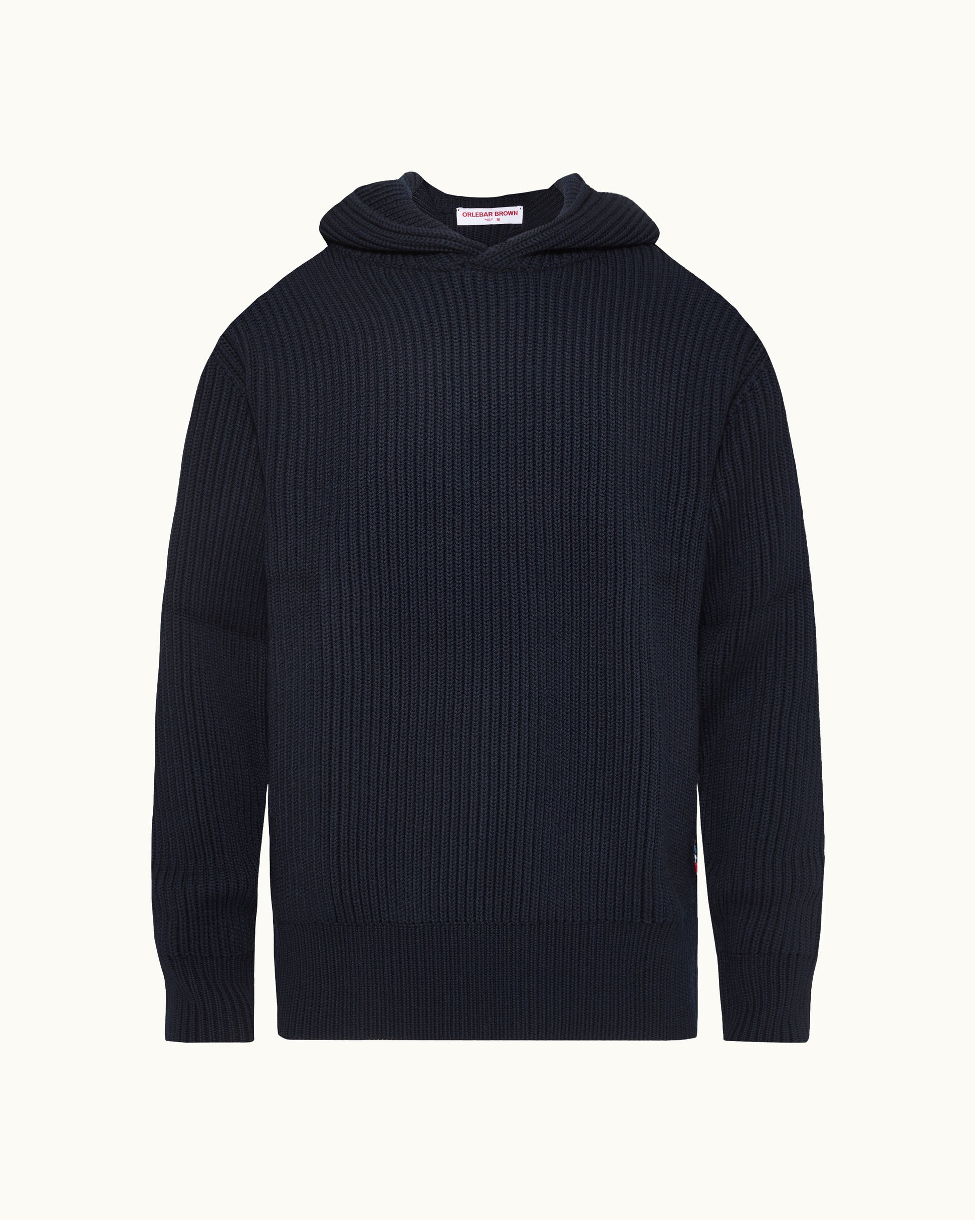 A dark navy blue ribbed knit hooded sweater displayed on a clean, off-white background.