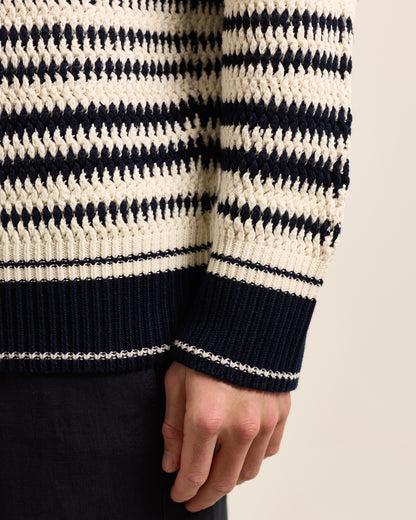 Closeup of knitted navy and white hoodie