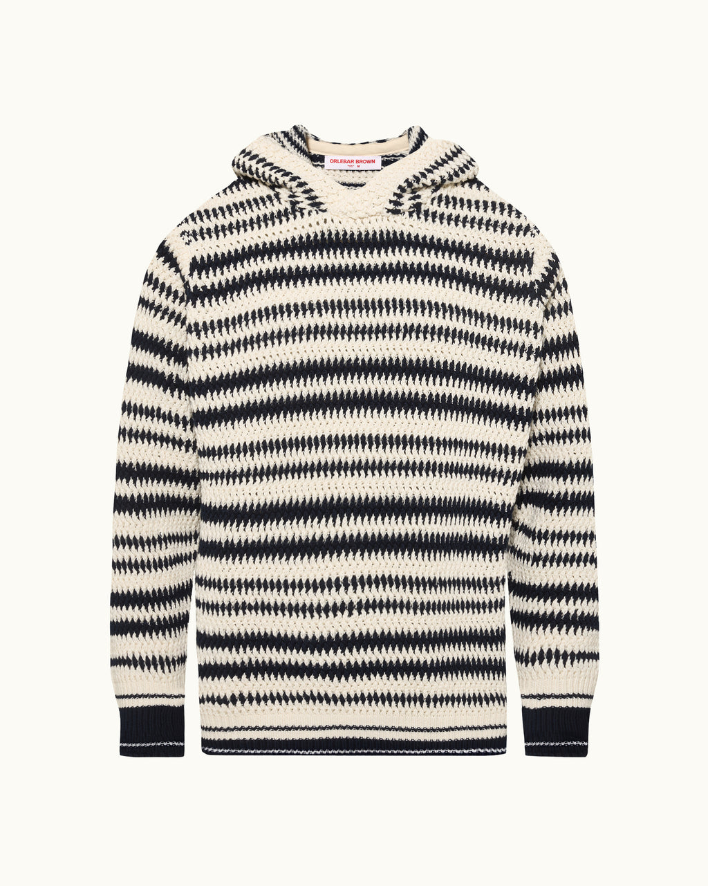 Navy and white striped knitted hoodie on a white background