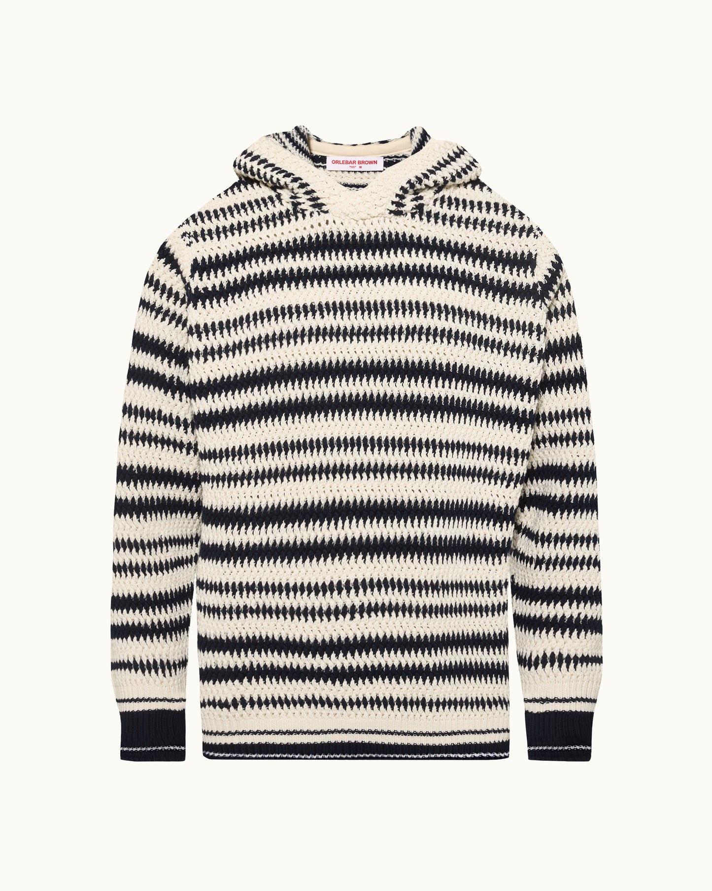 Navy and white striped knitted hoodie on a white background