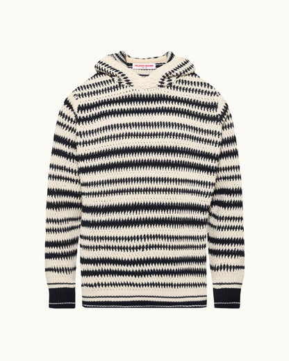 Navy and white striped knitted hoodie on a white background