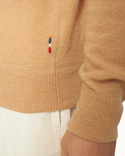 Lennard Cashmere - Mens Classic Fit Half-Zip Fully Fashioned Cashmere Jumper In Biscuit Colour Detail 2 View