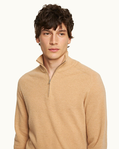 Lennard Cashmere - Mens Classic Fit Half-Zip Fully Fashioned Cashmere Jumper In Biscuit Colour Detail View