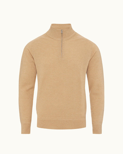 Lennard Cashmere - Mens Classic Fit Half-Zip Fully Fashioned Cashmere Jumper In Biscuit Colour Front View