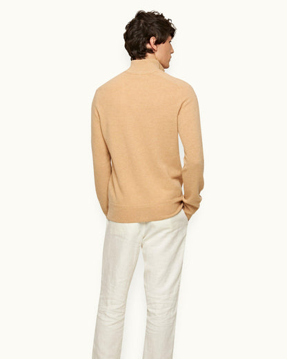 Lennard Cashmere - Mens Classic Fit Half-Zip Fully Fashioned Cashmere Jumper In Biscuit Colour Back Model View