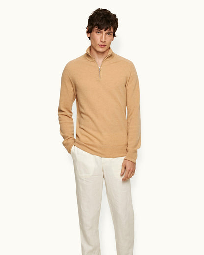 Lennard Cashmere - Mens Classic Fit Half-Zip Fully Fashioned Cashmere Jumper In Biscuit Colour Front Model View