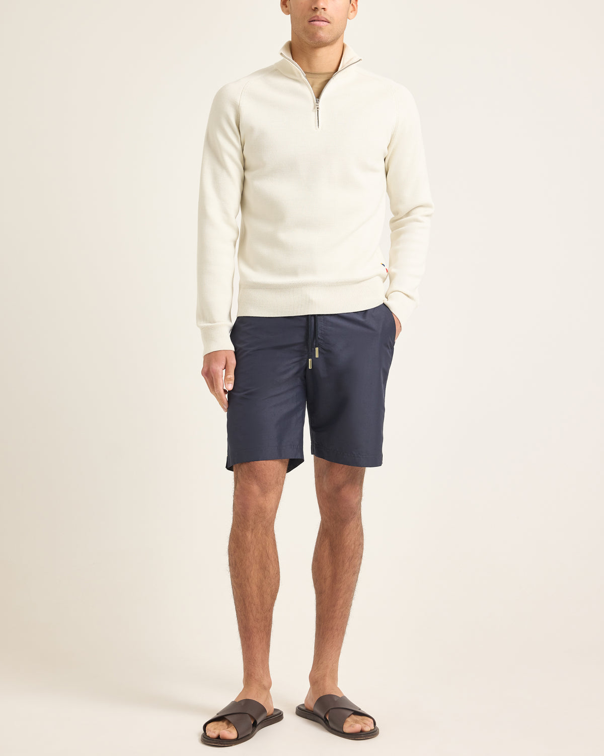 Lennard Merino - Classic Fit Half-Zip Ribbed Merino Jumper With Milano Stitch in White Sand Model Front View