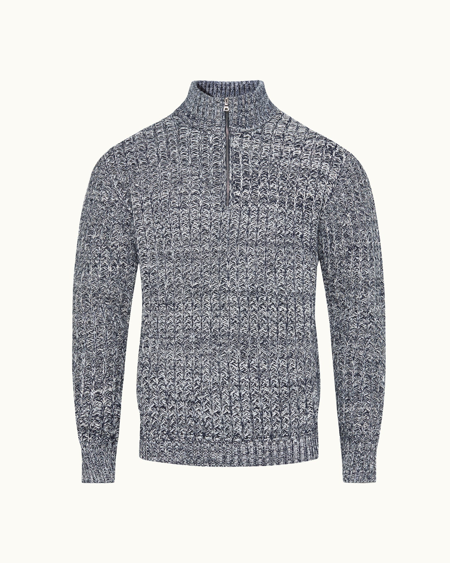 A textured knit quarter-zip sweater in a heathered gray and white pattern, displayed on a clean off-white background.