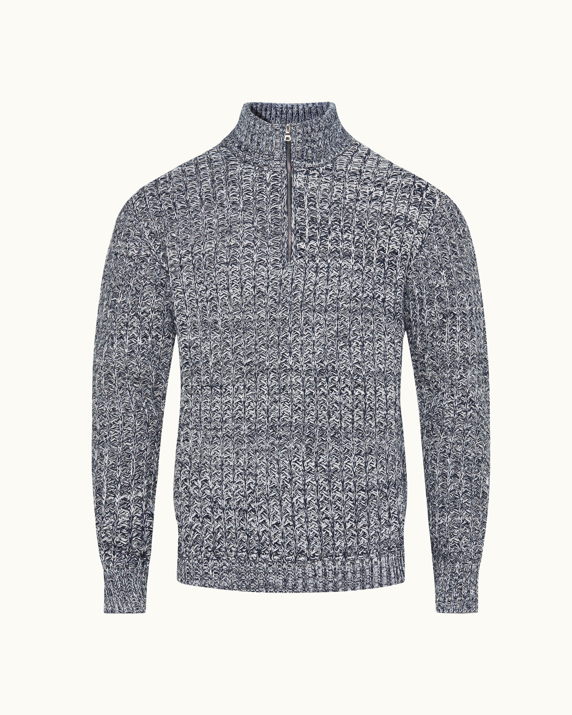 A textured knit quarter-zip sweater in a heathered gray and white pattern, displayed on a clean off-white background.