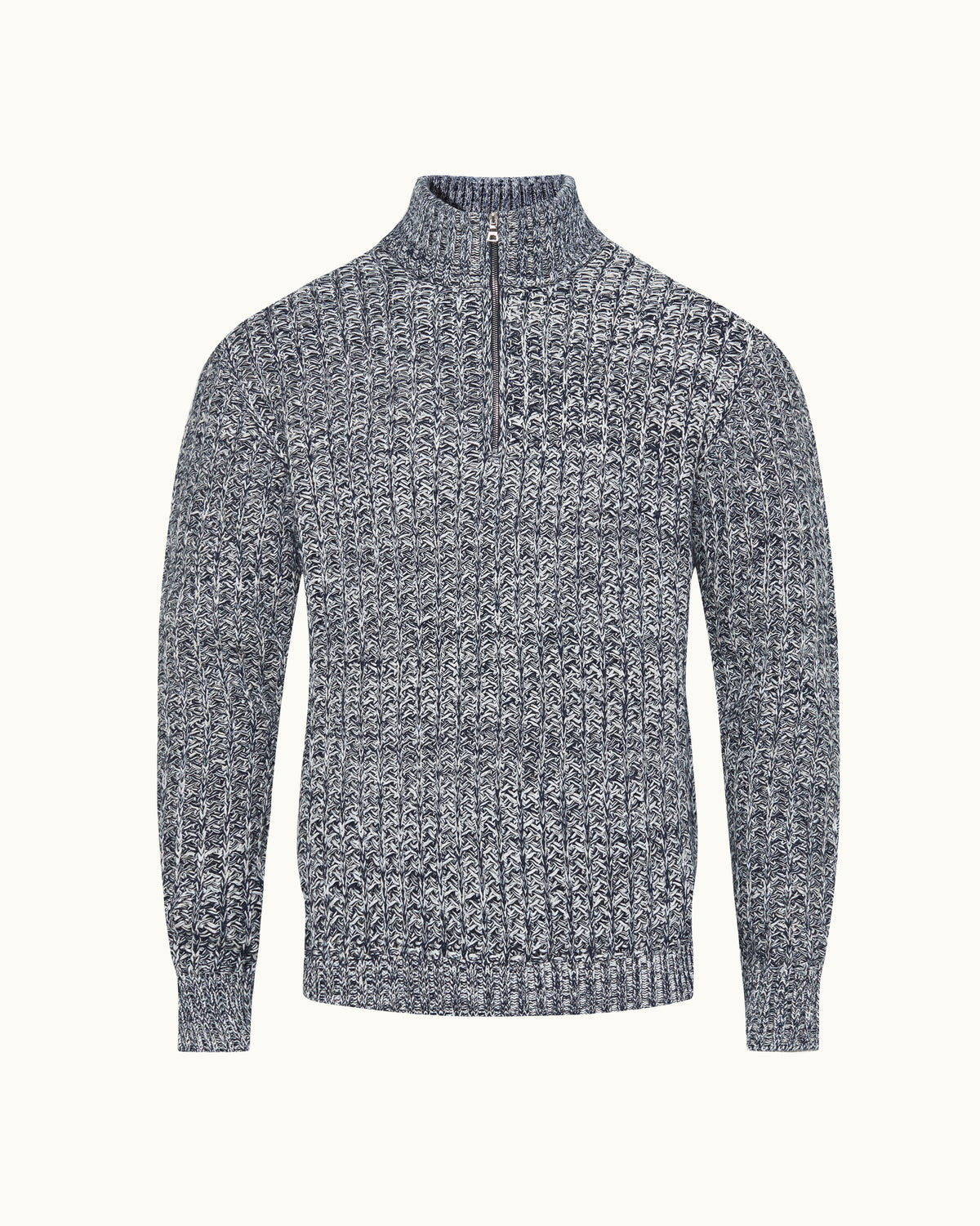 A textured knit quarter-zip sweater in a heathered gray and white pattern, displayed on a clean off-white background.