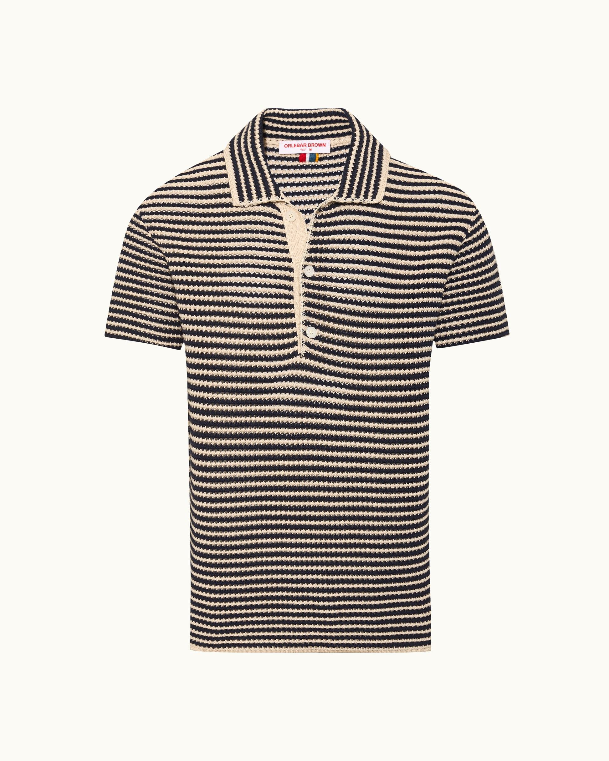 Black and white striped polo shirt on a white background