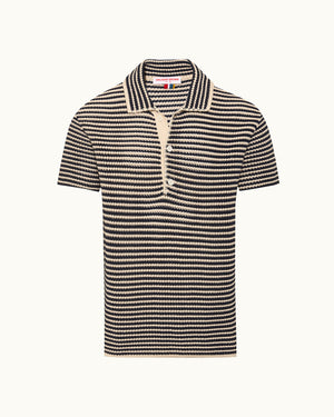 Black and white striped polo shirt on a white background
