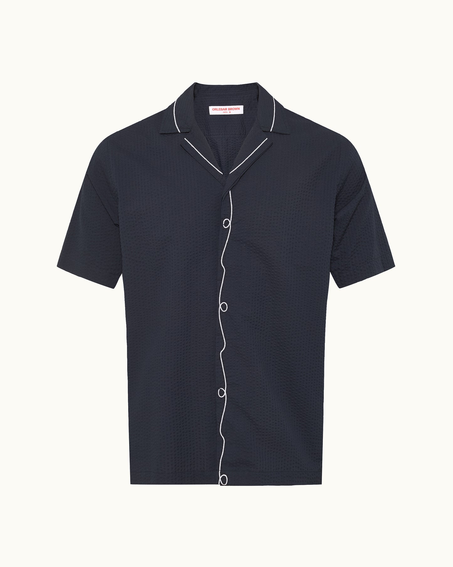 Navy blue short-sleeve shirt with white trim on a white background